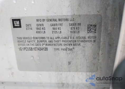 2014 Chevrolet Cruze 1Lt Auto из США, поврежденный, VIN 1G1PC5SB1E7434128